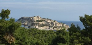 2015-10-06 12h10 vue de San Domino boisé sur San Nicola fortifié Archipel des Tremiti Italie Adriatique